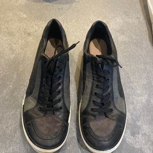 Louis Vuitton mens sneakers. LV print embossed leather with suede detail.